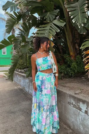 Maeve Aqua Blue Green Abstract Tiered Maxi Skirt