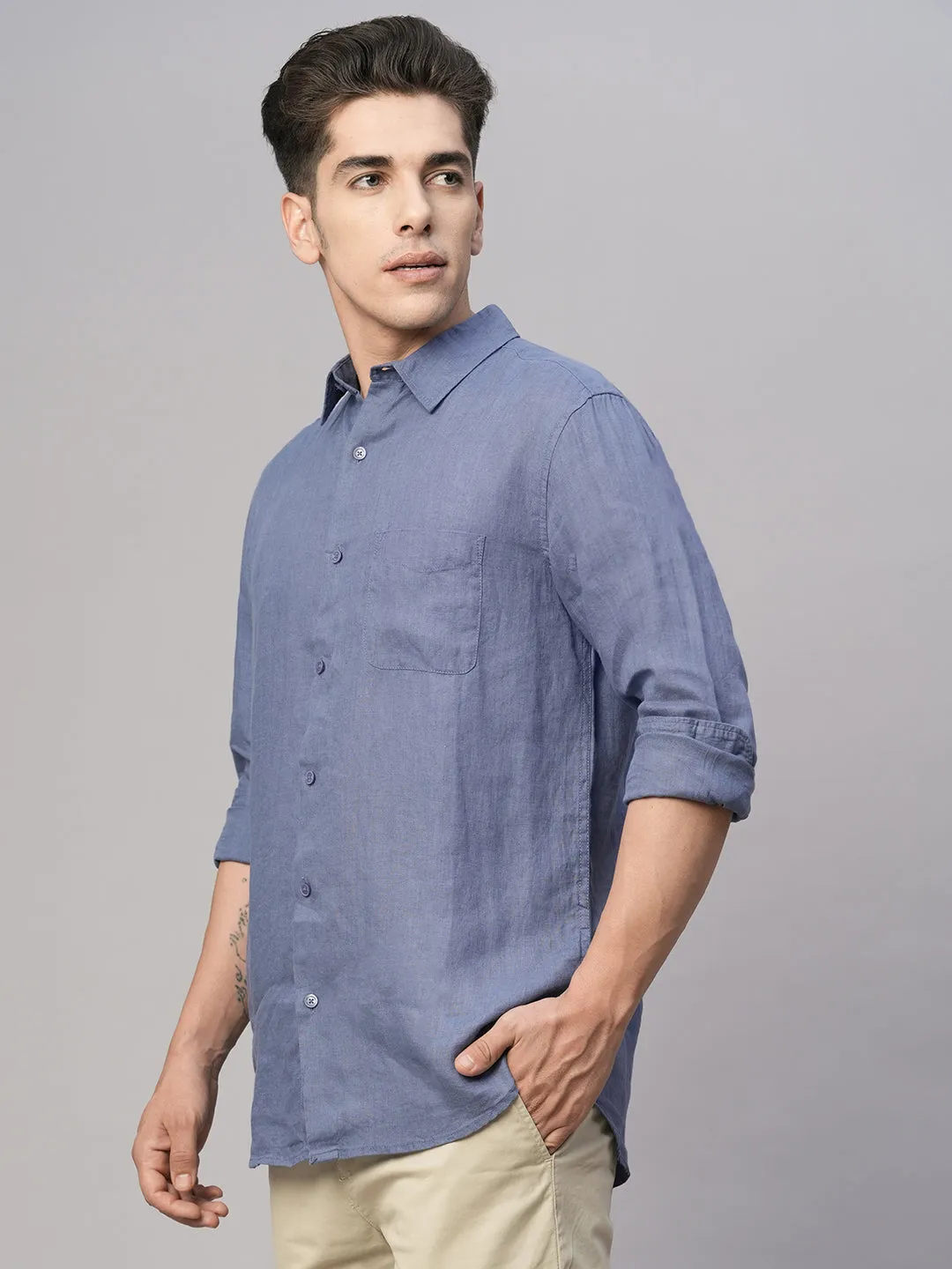 Men's Blue 100% Linen Regular Fit Shirt