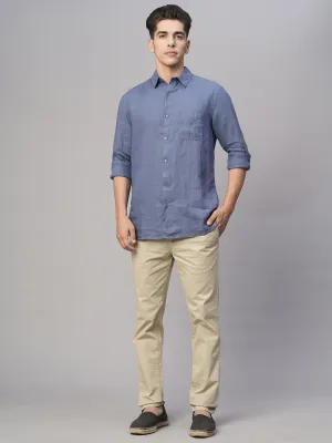 Men's Blue 100% Linen Regular Fit Shirt