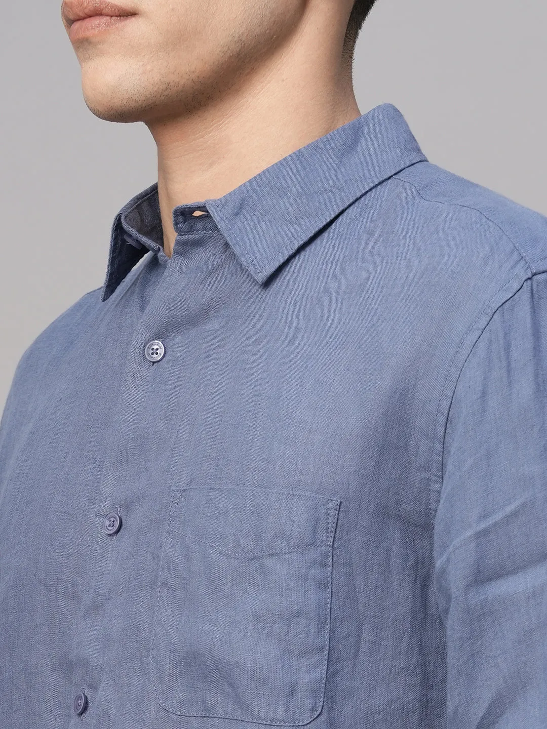 Men's Blue 100% Linen Regular Fit Shirt