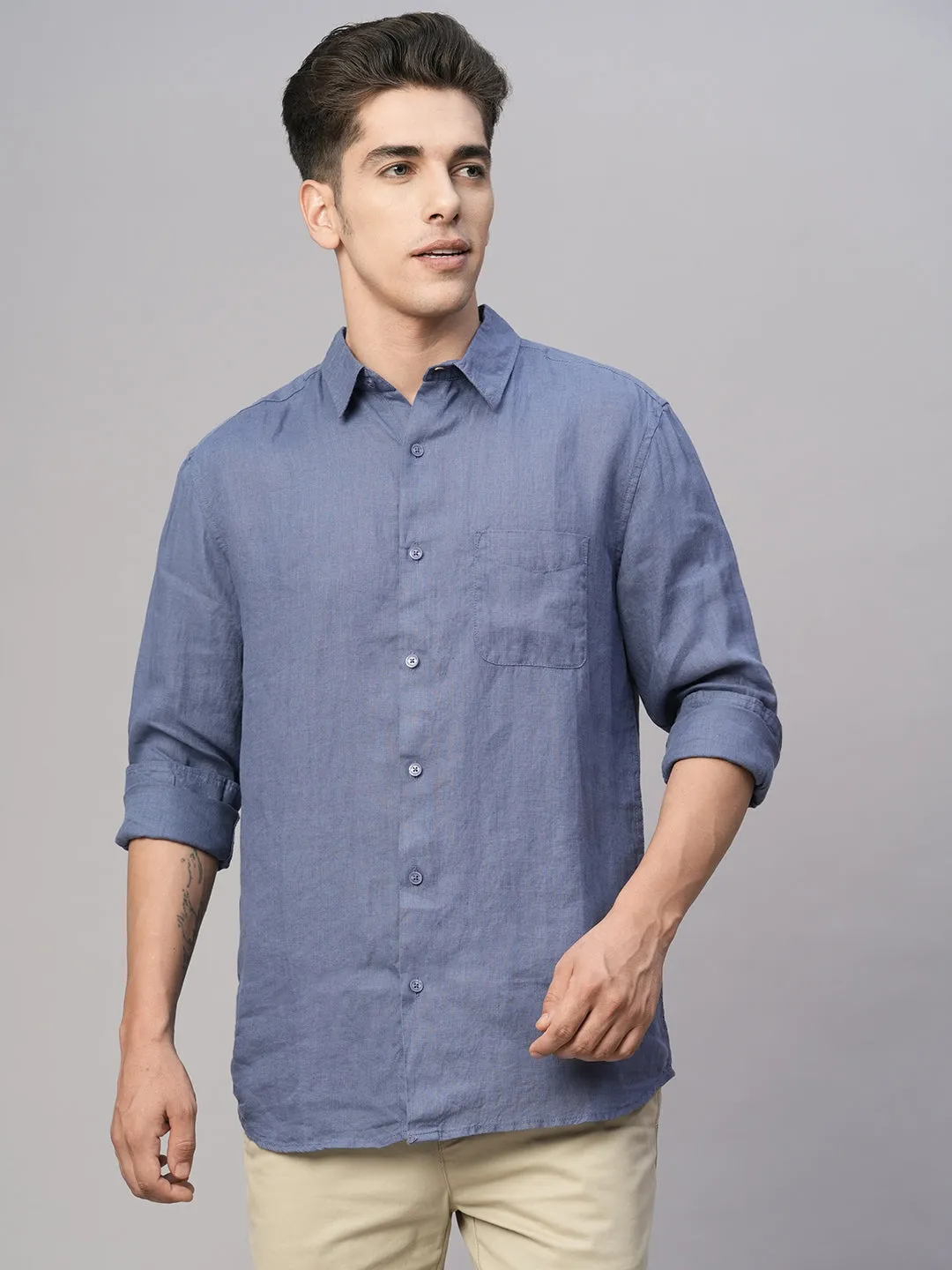 Men's Blue 100% Linen Regular Fit Shirt