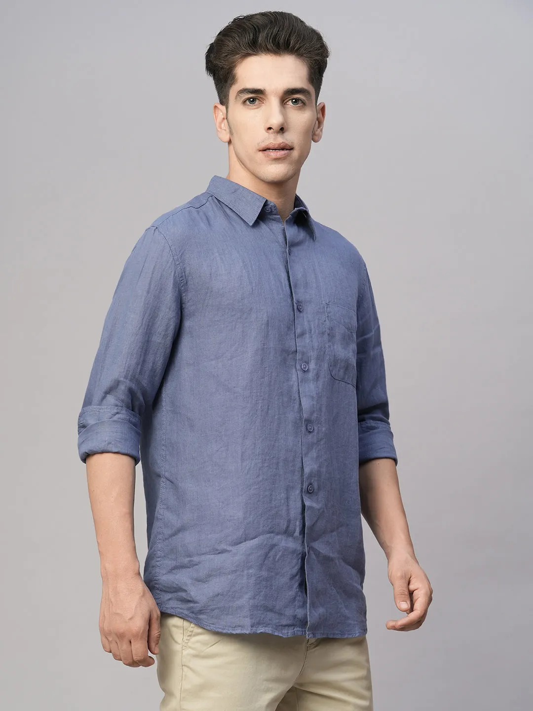 Men's Blue 100% Linen Regular Fit Shirt