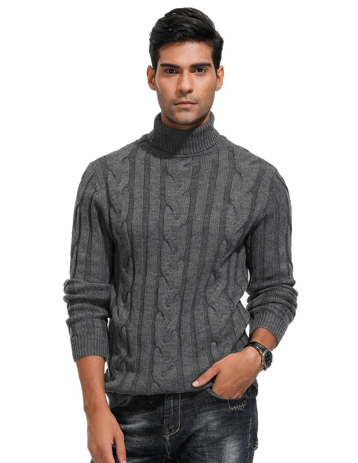 Men's Casual Turtleneck Sweaters Cable Knit Thermal Pullover Sweater