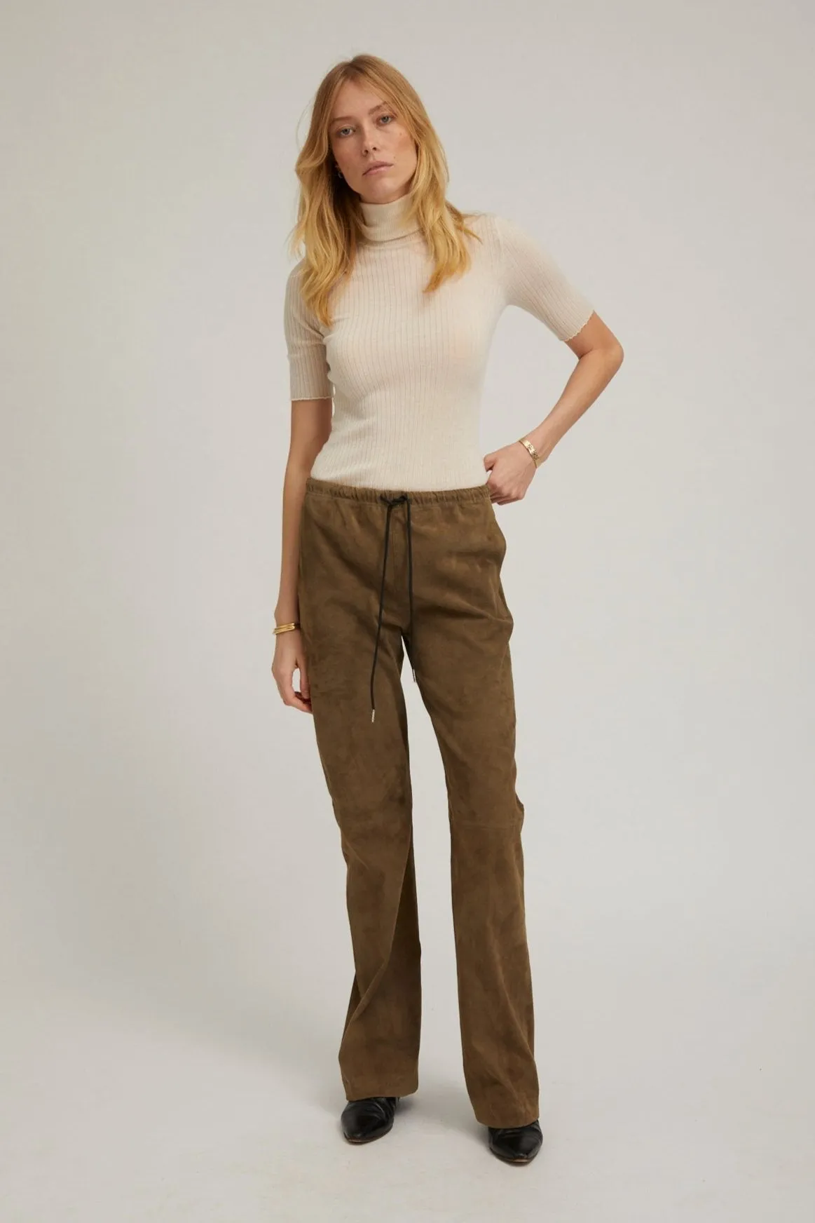 Olive Suede Straight Leg Pants