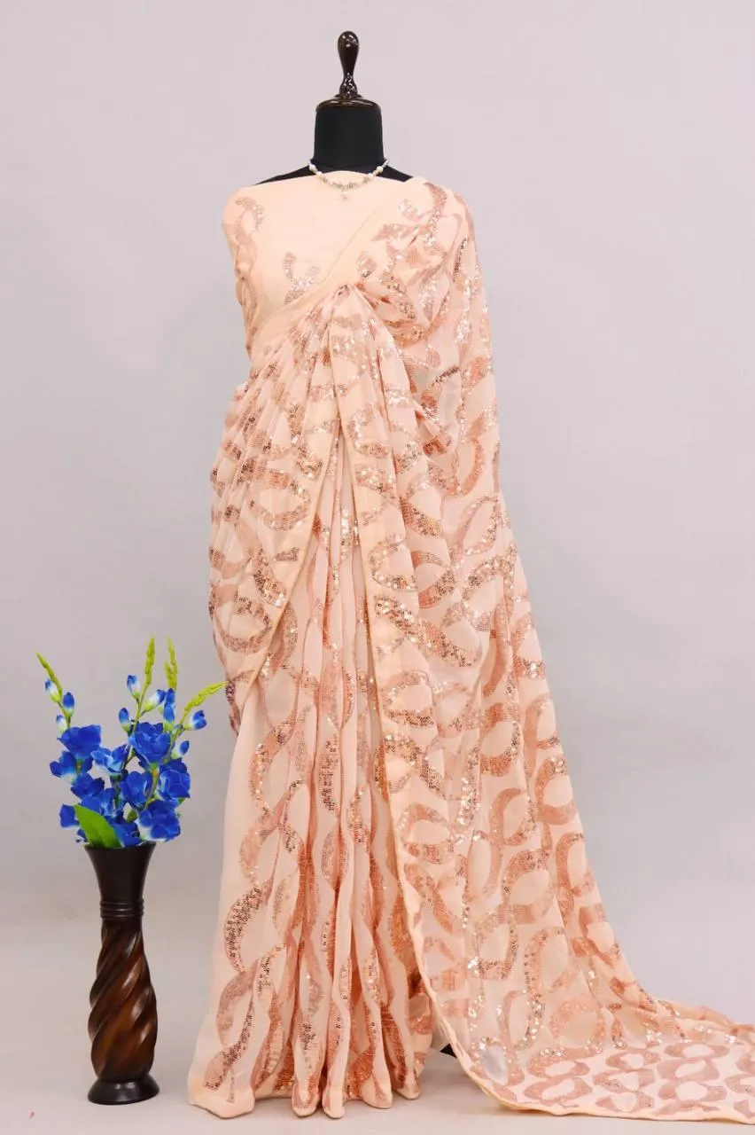 Peach Georgette Premium Sequins Saree