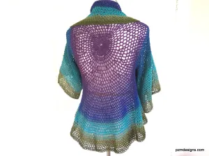 Peacock Colored Shrug, Hand Crochet Circle Shrug