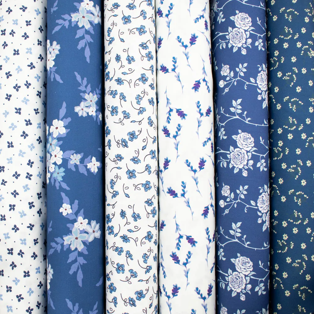 Petite Studio Blue Collection #01 White Small Leaves on Blue Cotton Prints