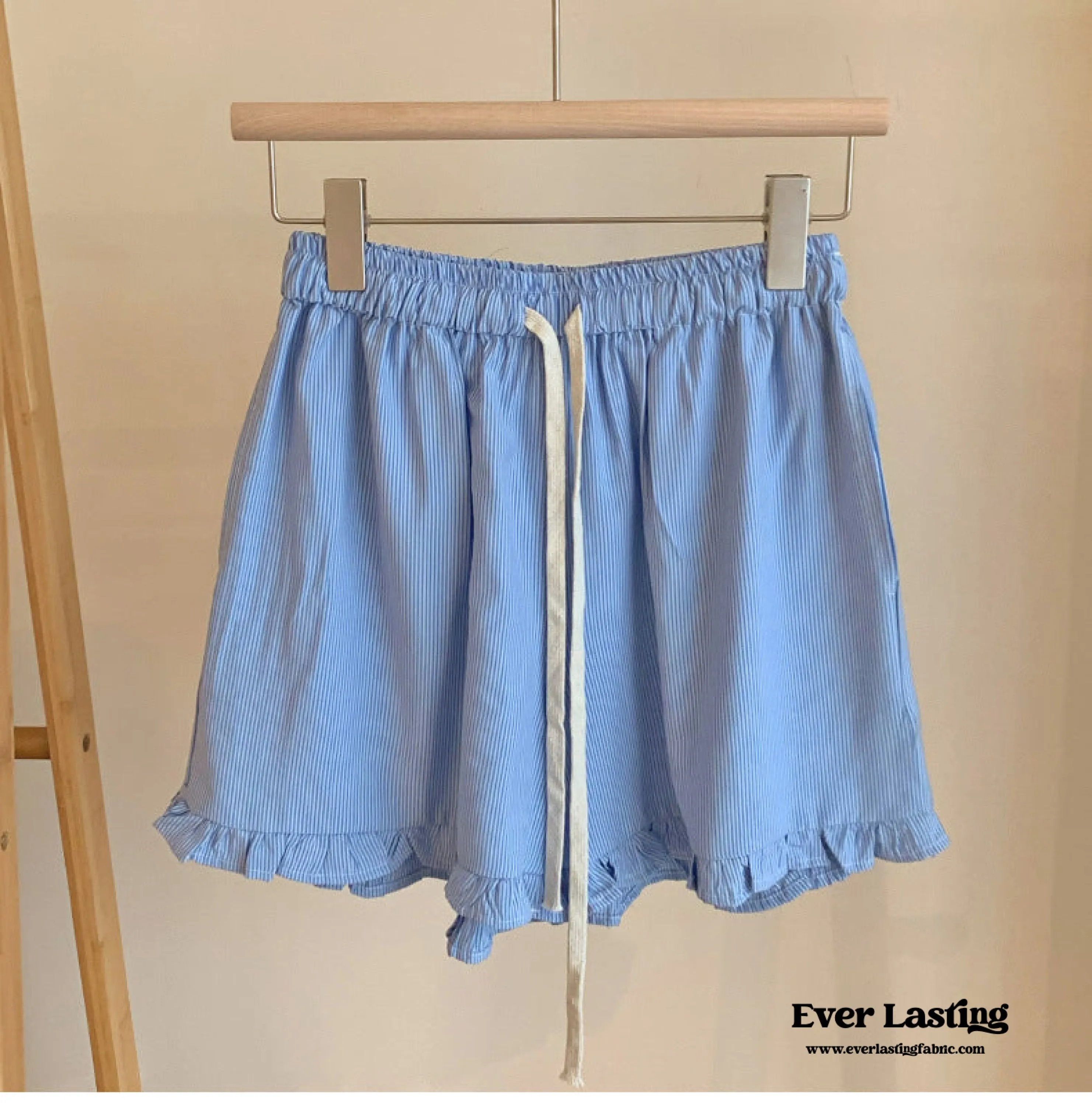 Ruffle Thin Stripes Shorts Lounge Bottoms / Light Blue