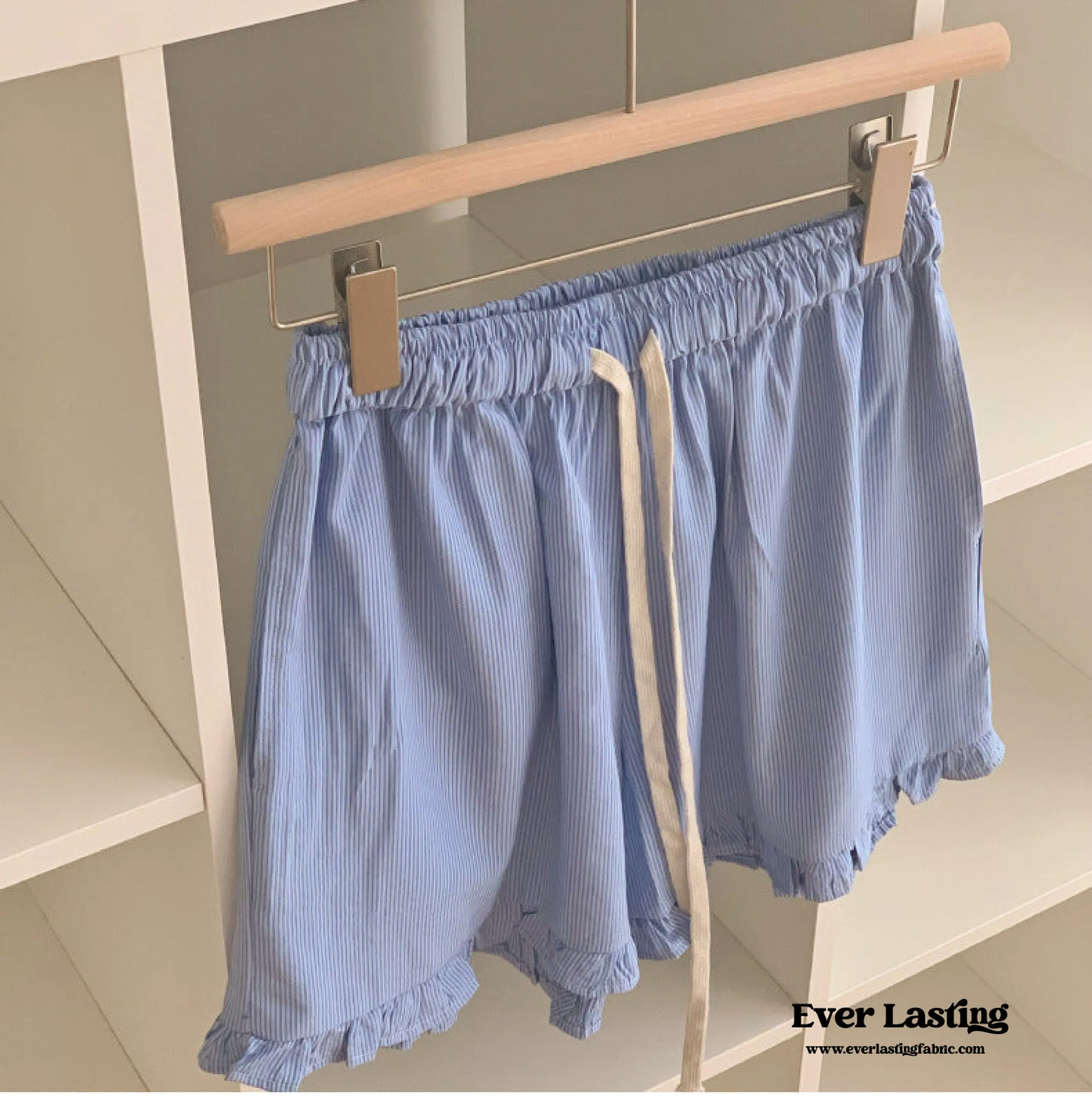 Ruffle Thin Stripes Shorts Lounge Bottoms / Light Blue