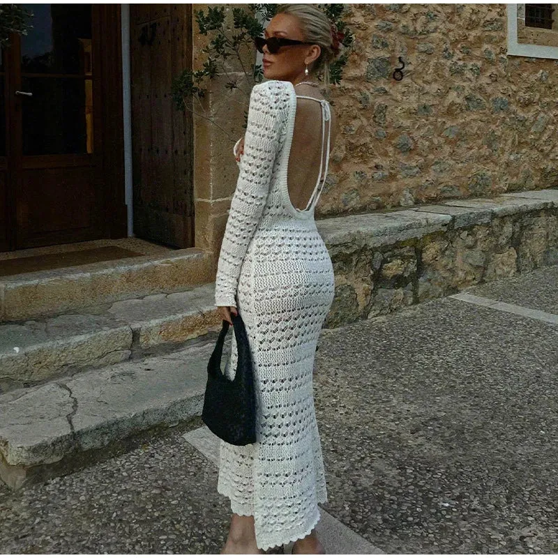 Sexy Hollow Out Backless Knitted Dress Fashion Women Long Sleeve Lace Up Mix Dresses 2023 Female Elegant Beach Holiday Robes