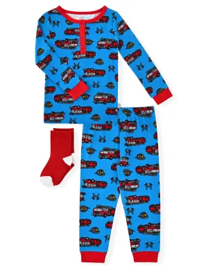 Sleep On It Infant & Toddler Boys 2-Piece Super Soft Jersey Snug-Fit Pajama Set with Matching Socks - Fire Trucks