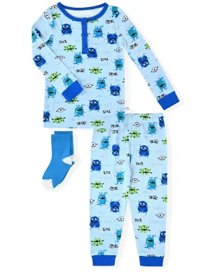 Sleep On It Infant & Toddler Boys 2-Piece Super Soft Jersey Snug-Fit Pajama Set with Matching Socks - Monsters