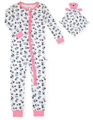 Sleep On It Infant Girls Long Sleeve Super Soft Snuggle Jersey Zip-Up Coverall Pajama with Matching Blankey Buddy - Alphabet