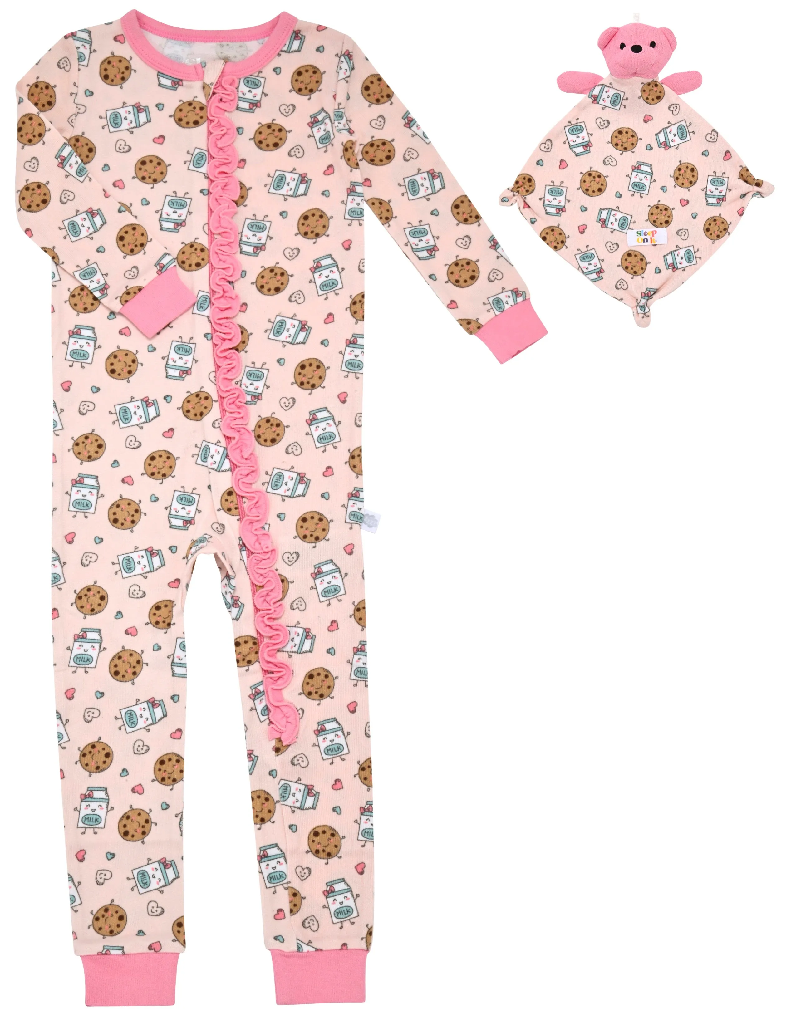 Sleep On It Infant Girls Long Sleeve Super Soft Snuggle Jersey Zip-Up Coverall Pajama with Matching Blankey Buddy - Milk & Cookies