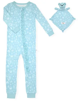 Sleep On It Infant Girls Long Sleeve Super Soft Snuggle Jersey Zip-Up Coverall Pajama with Matching Blankey Buddy - Safari