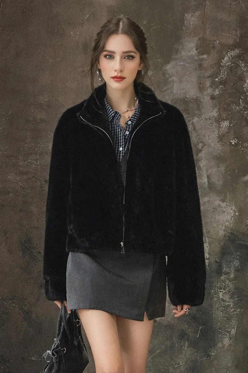 Stand Collar Zip Up Cropped Faux Mink Coat