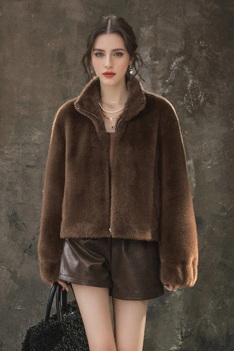 Stand Collar Zip Up Cropped Faux Mink Coat