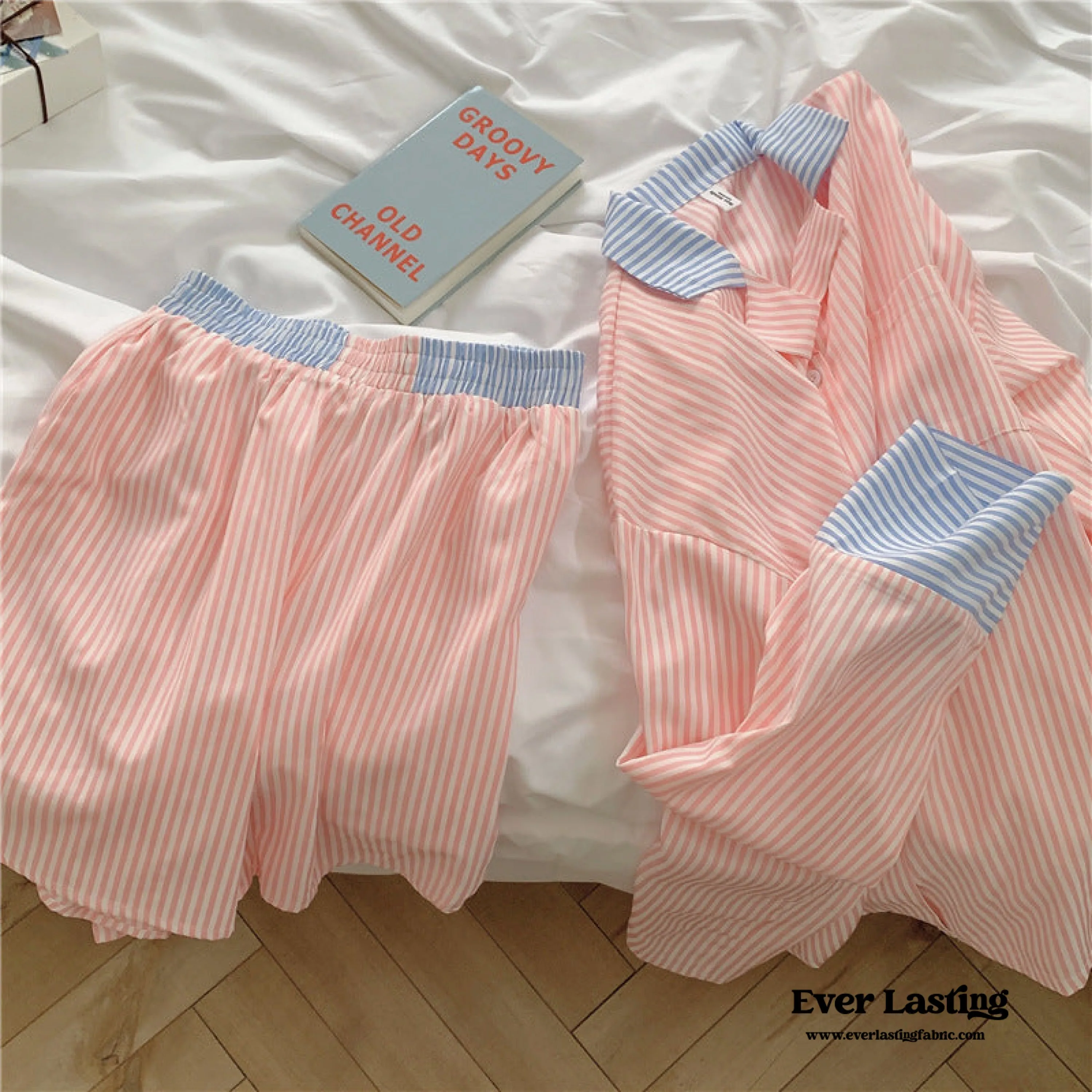 Striped Long Sleeves and Shorts Pajama Set / Blue