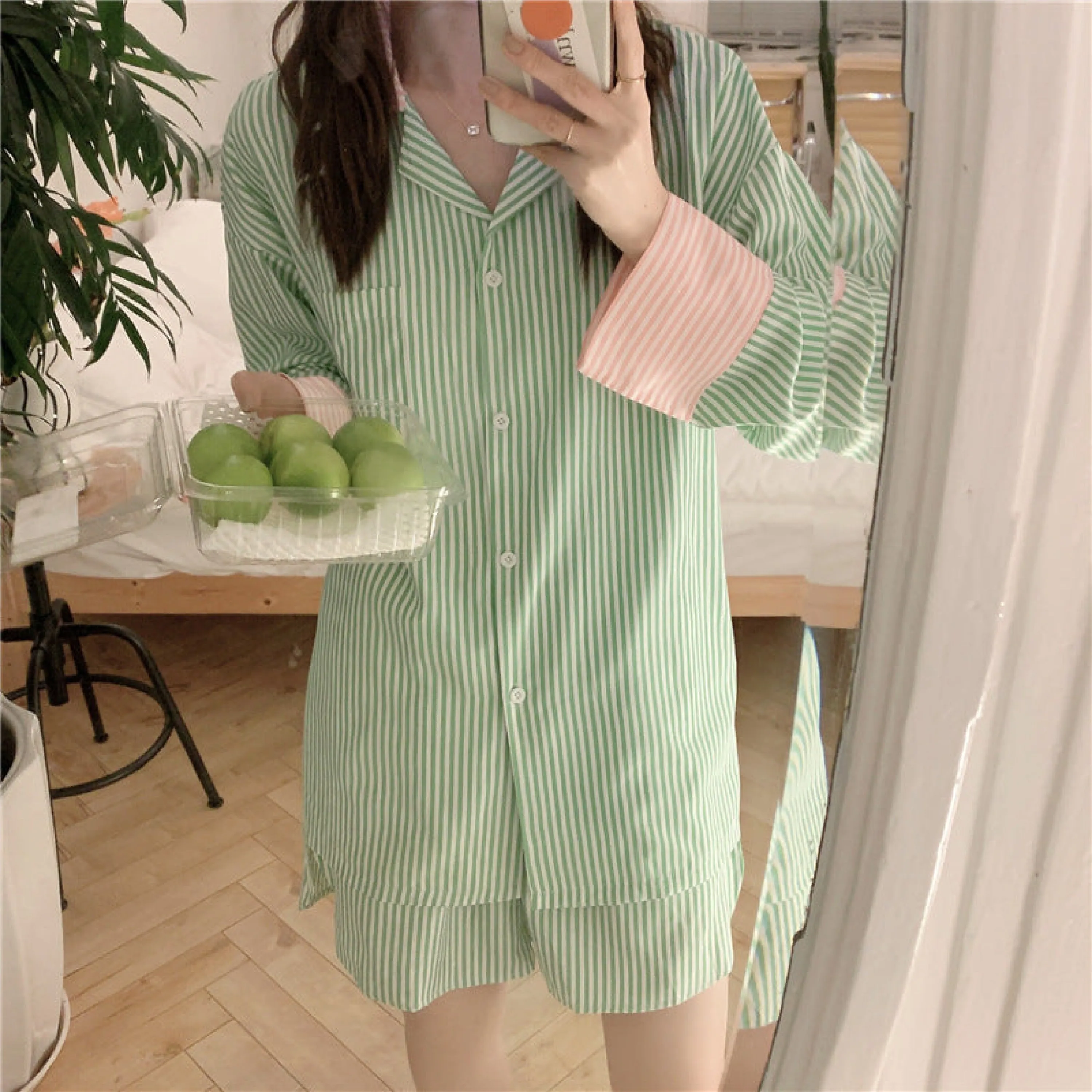 Striped Long Sleeves and Shorts Pajama Set / Blue