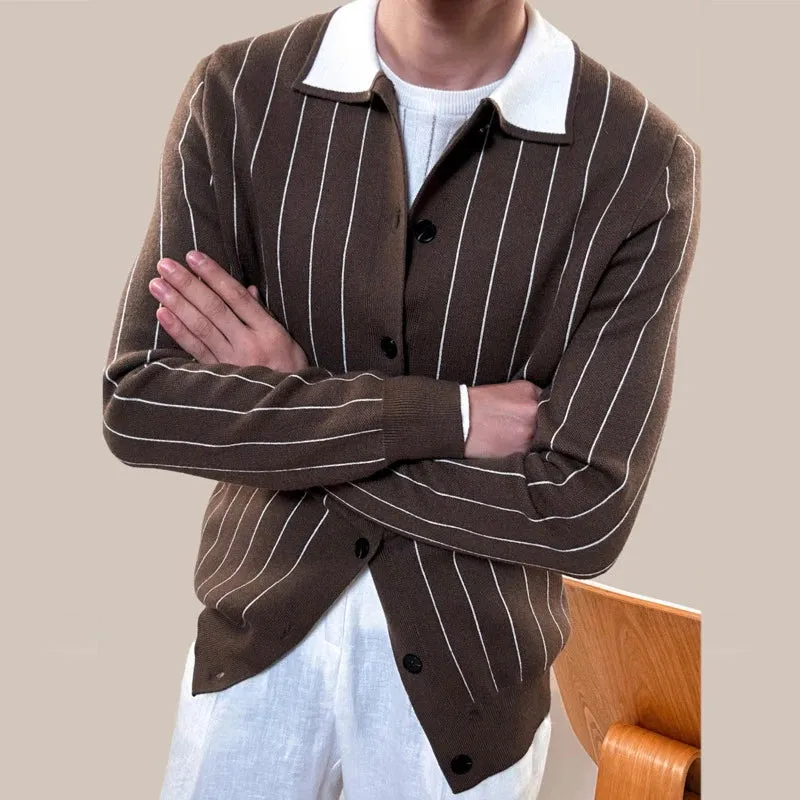 Striped Turn-Down Collar Button Cardigan