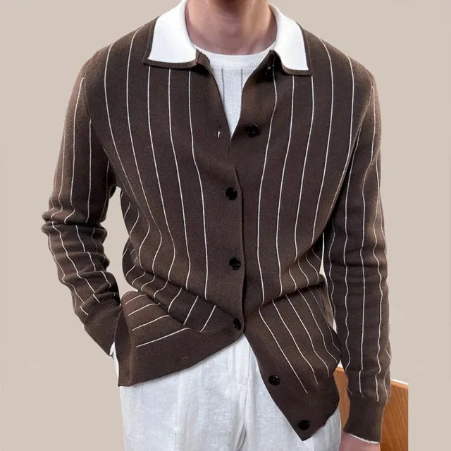 Striped Turn-Down Collar Button Cardigan