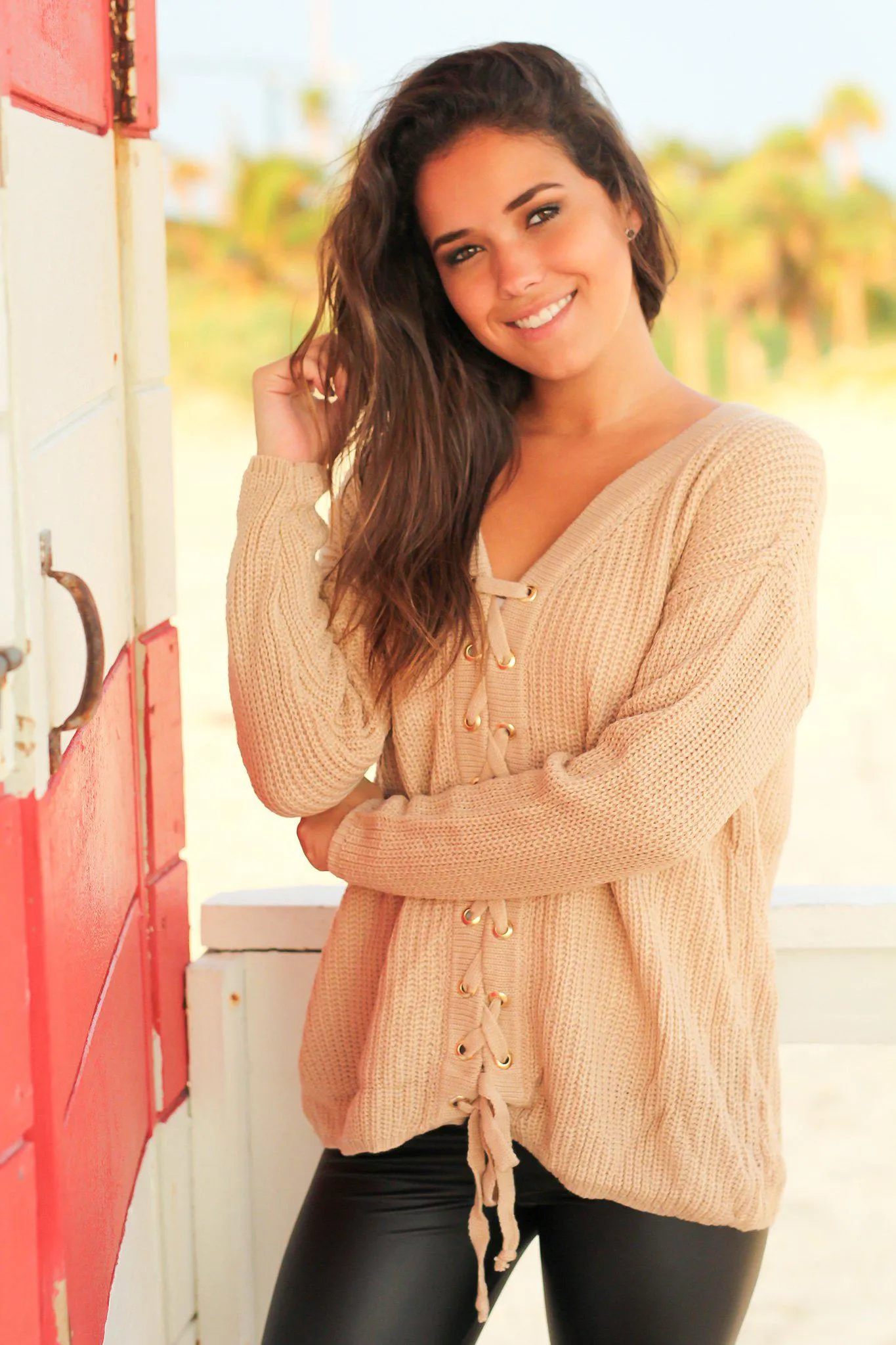 Taupe Knit Lace Up Sweater