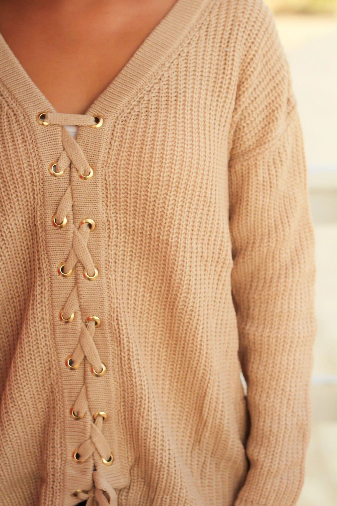 Taupe Knit Lace Up Sweater