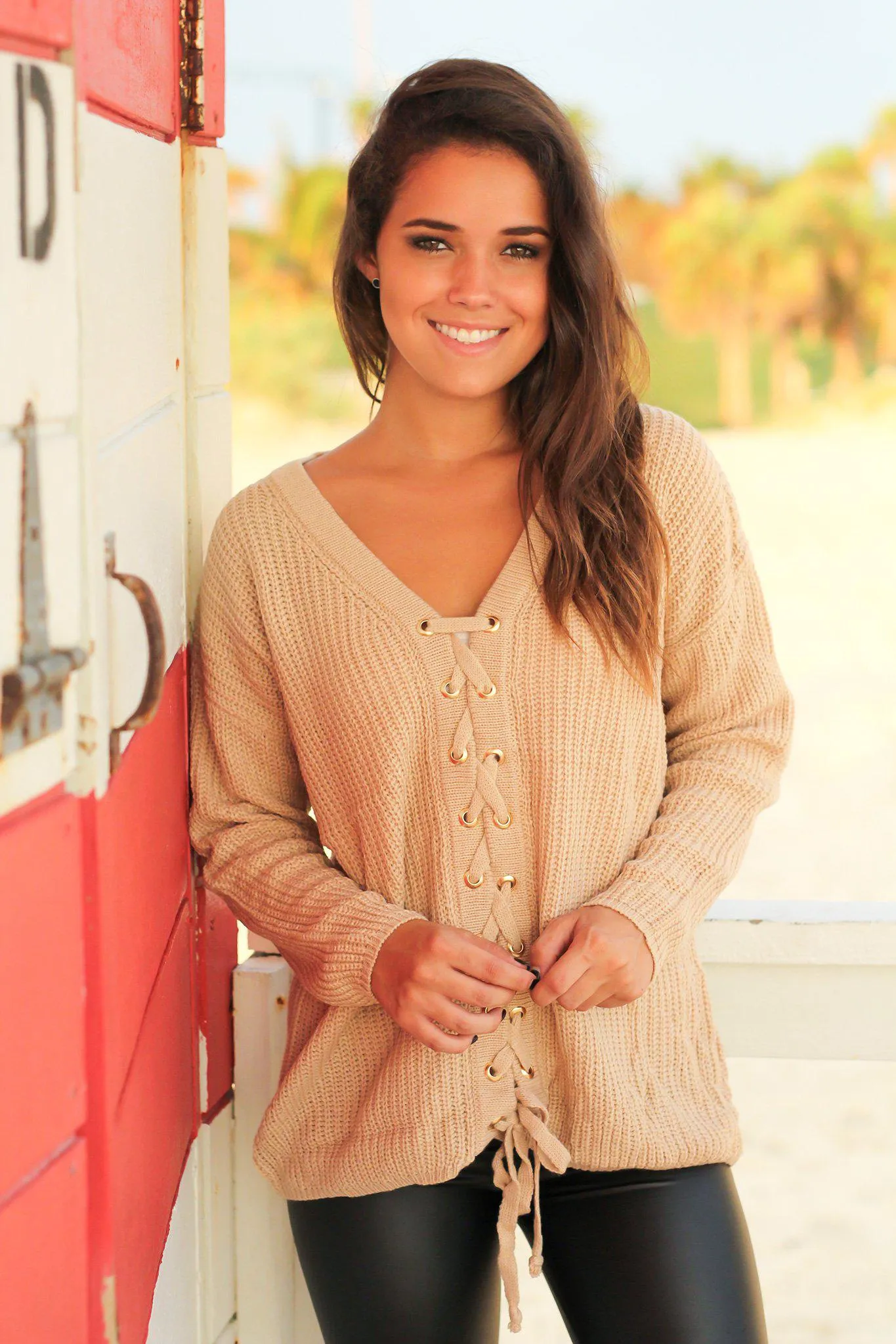 Taupe Knit Lace Up Sweater