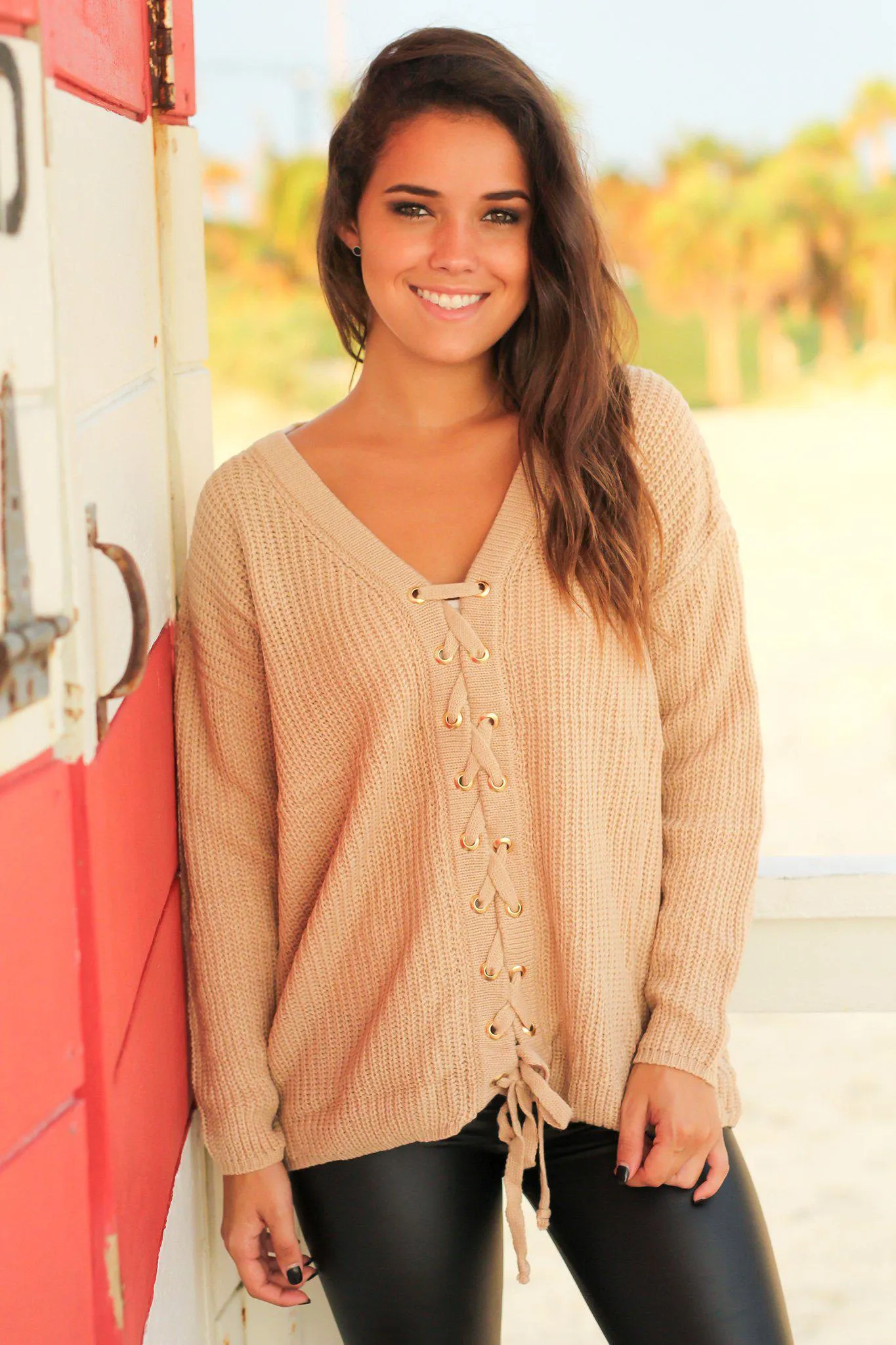 Taupe Knit Lace Up Sweater