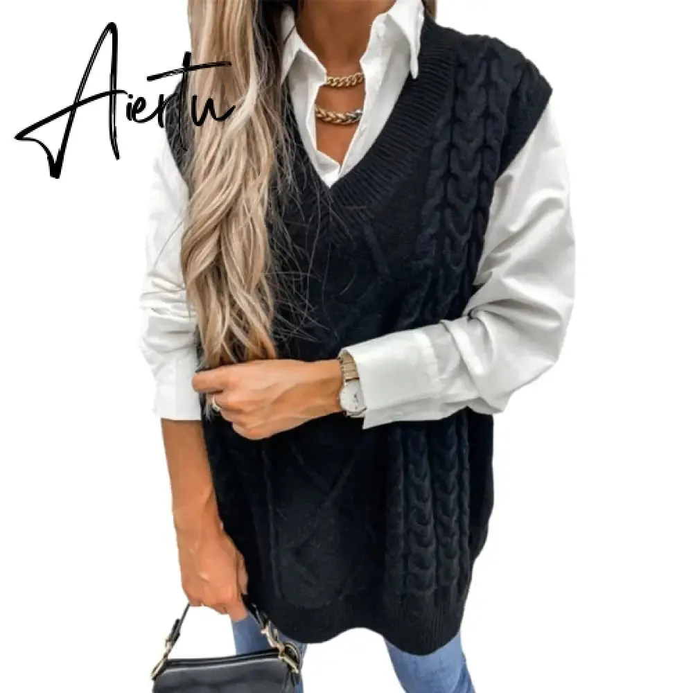 Twist Pullover Sweater Vests Women Oversized V-Neck Cable Knitted Korean Female Sleeveless Warm Tops Waistcoat Winter