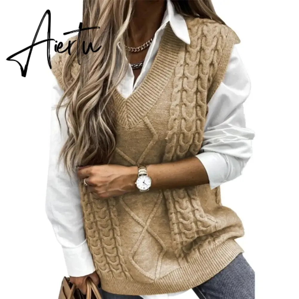 Twist Pullover Sweater Vests Women Oversized V-Neck Cable Knitted Korean Female Sleeveless Warm Tops Waistcoat Winter