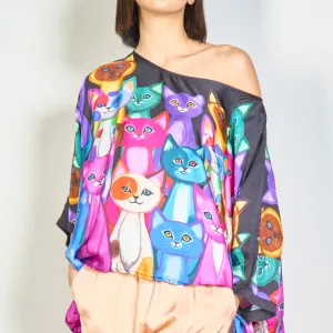 Vibrant loose-fit blouse with artistic cat print wholesale