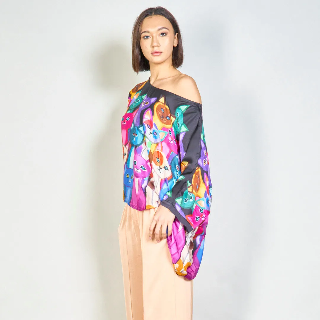 Vibrant loose-fit blouse with artistic cat print wholesale