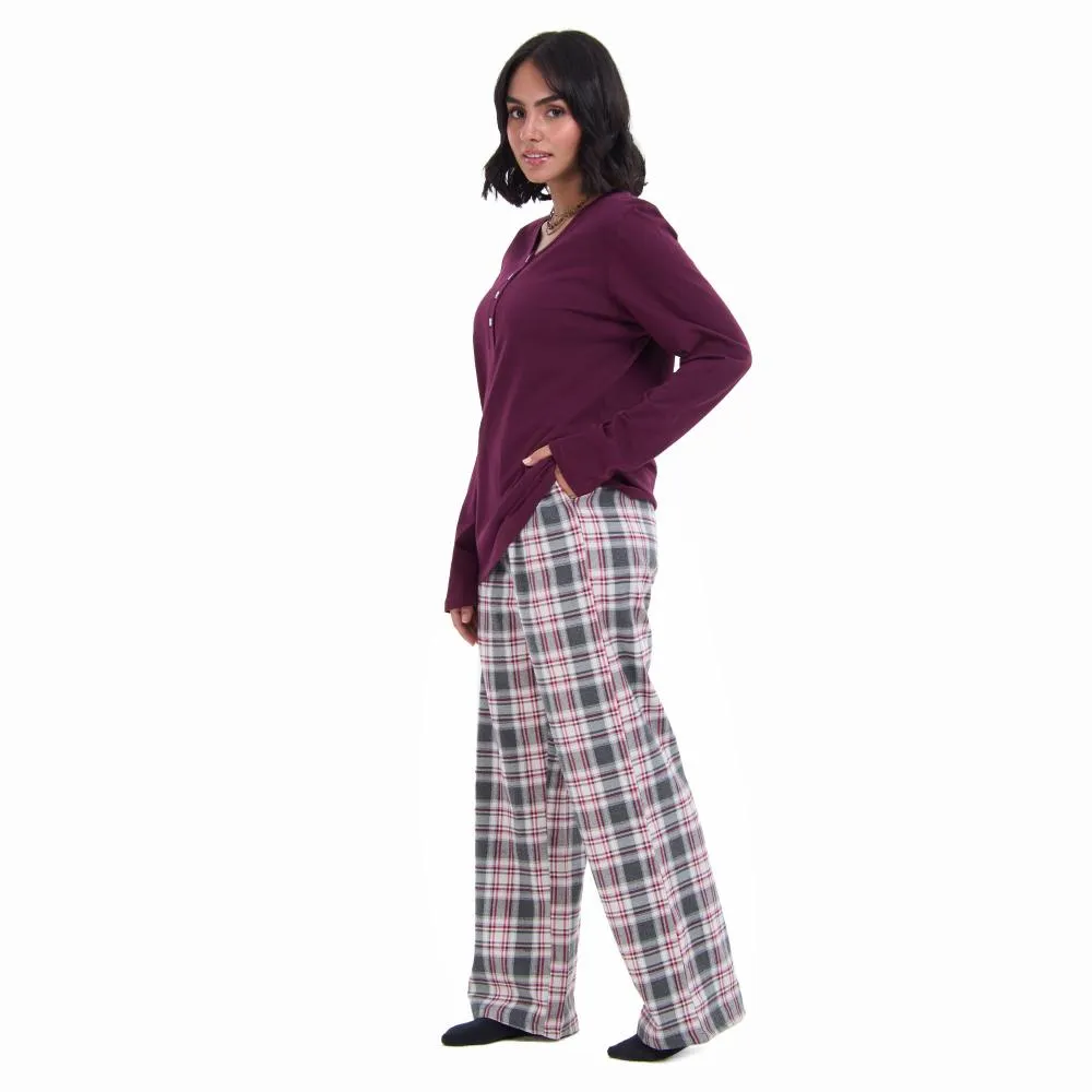 Women Fall Pajama Set Dark Red buttoned sweatshirt   Dark red x Grey checkered pants