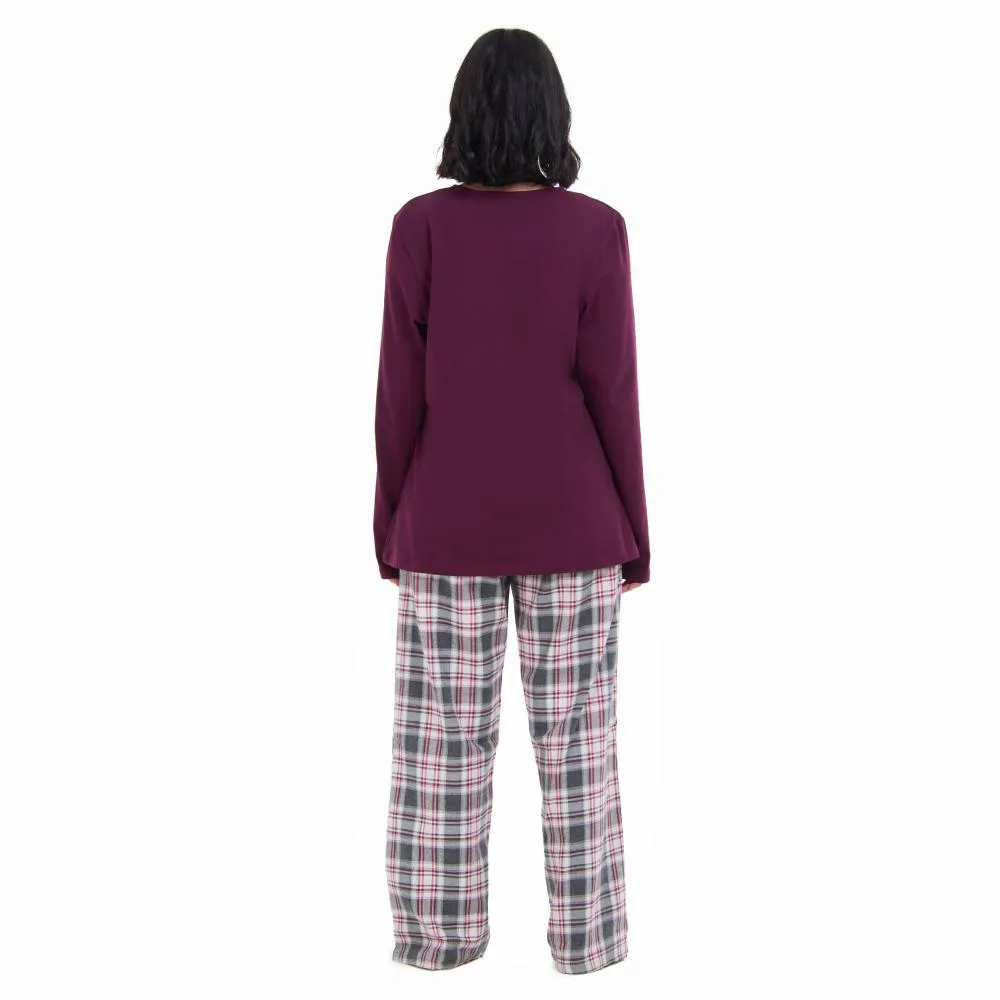 Women Fall Pajama Set Dark Red buttoned sweatshirt   Dark red x Grey checkered pants