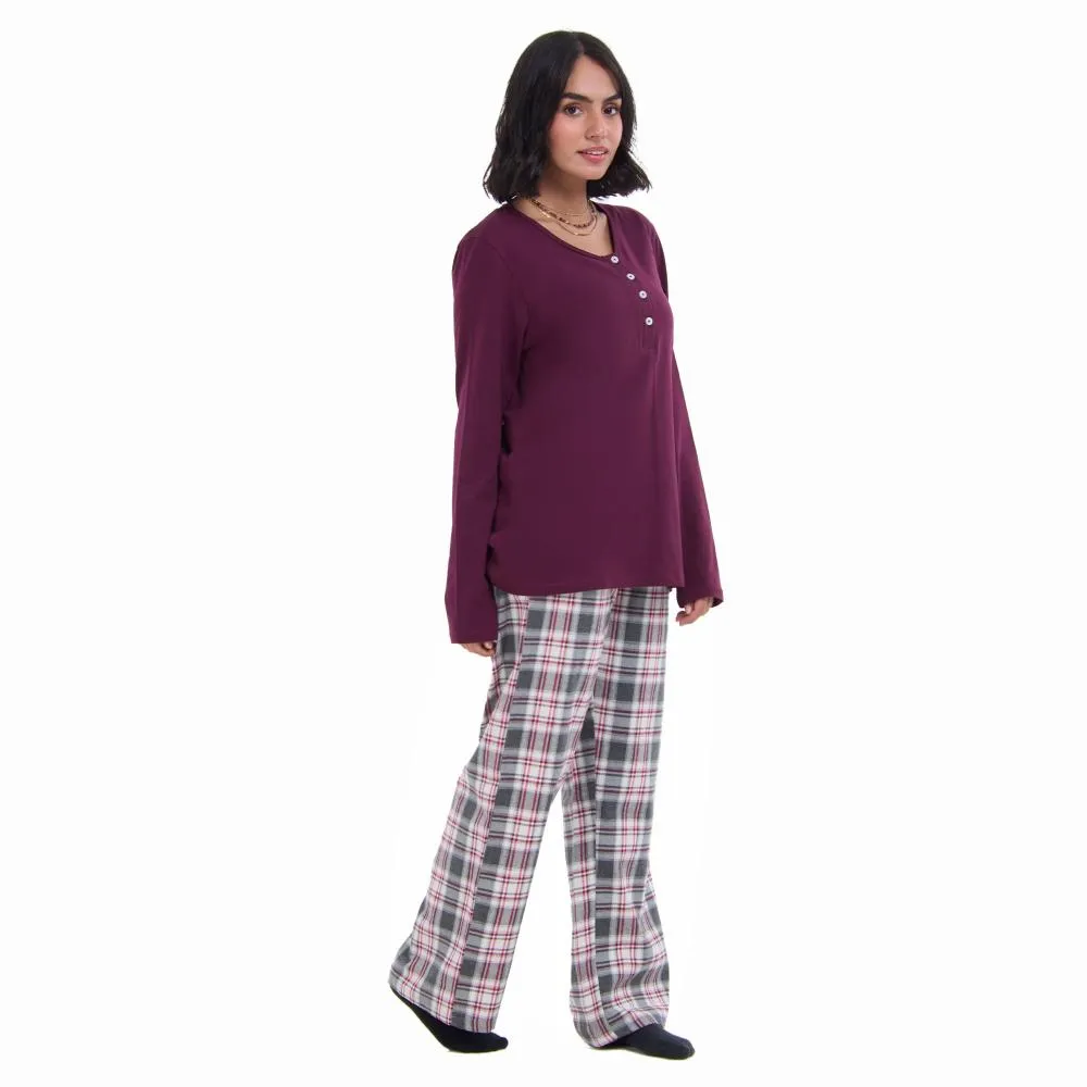 Women Fall Pajama Set Dark Red buttoned sweatshirt   Dark red x Grey checkered pants