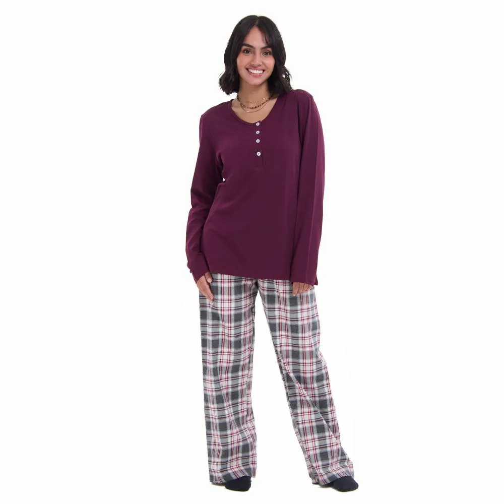 Women Fall Pajama Set Dark Red buttoned sweatshirt   Dark red x Grey checkered pants