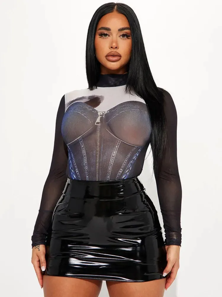 Women Mesh Chic Long Sleeve Bodysuits