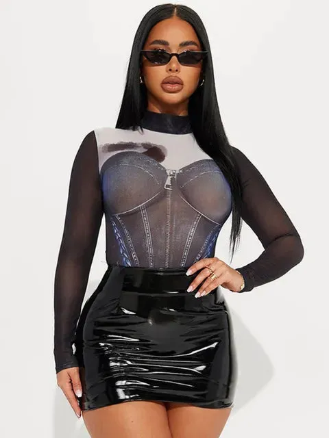 Women Mesh Chic Long Sleeve Bodysuits