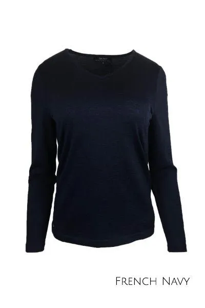 WOMENS 100% MERINO (210) LONG SLEEVE V NECK TOP FRENCH NAVY