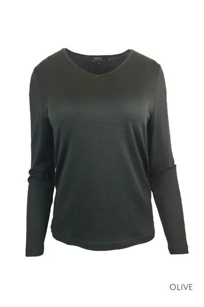 WOMENS 100% MERINO (210) LONG SLEEVE V NECK TOP OLIVE