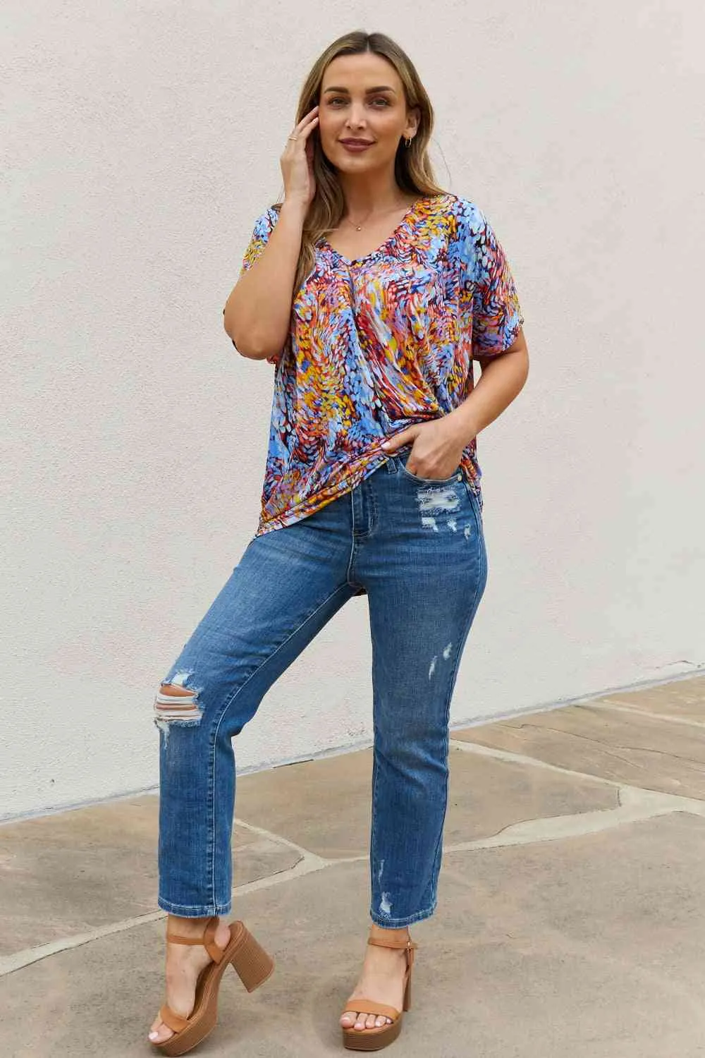 Women's Be Stage Full Size Printed Dolman Flowy Top