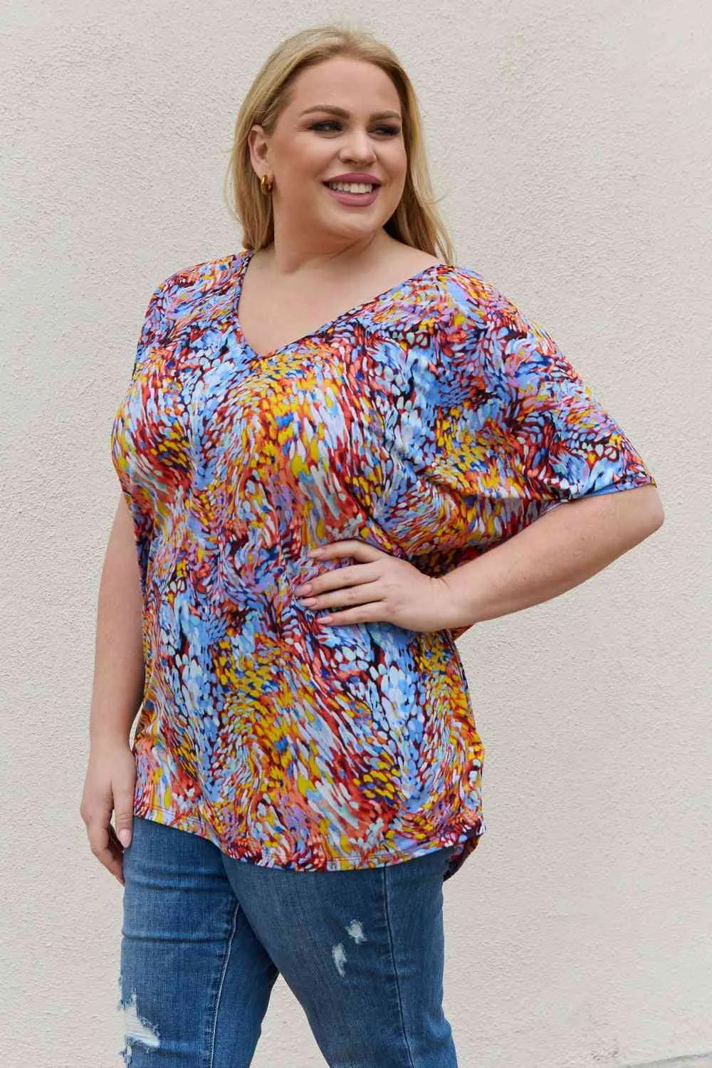 Women's Be Stage Full Size Printed Dolman Flowy Top