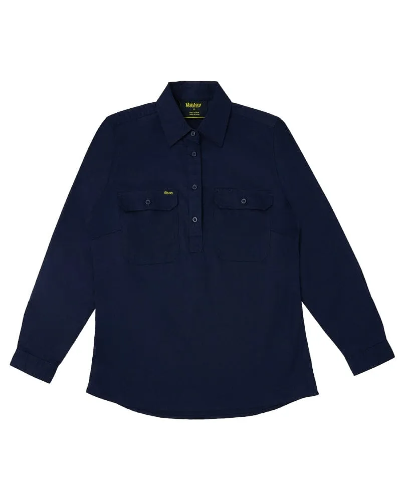 Womens Closed Front Lightweight LS Drill Shirt - Navy