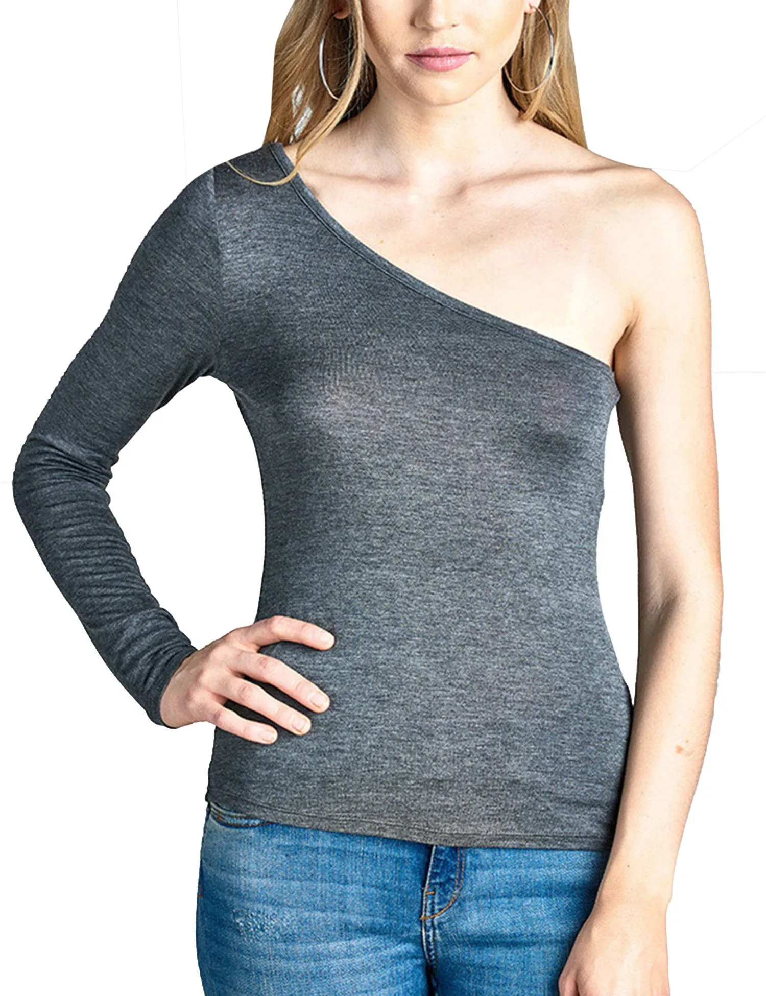 Womens Long Sleeve One Shoulder Rayon Spandex Jersey Top