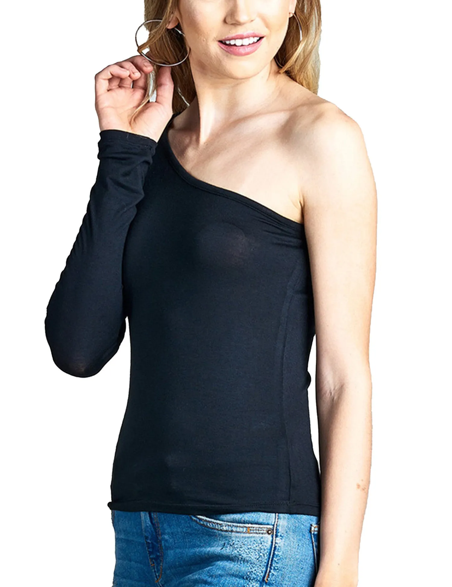 Womens Long Sleeve One Shoulder Rayon Spandex Jersey Top