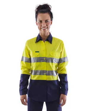 Womens L/S Hi Vis Lightweight Taped Cotton Shirt (3 Pack) - Yellow/Navy