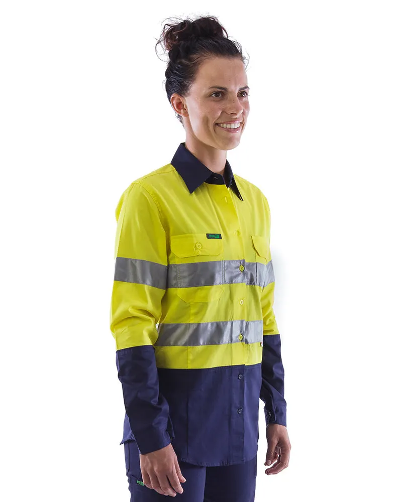 Womens L/S Hi Vis Lightweight Taped Cotton Shirt (3 Pack) - Yellow/Navy