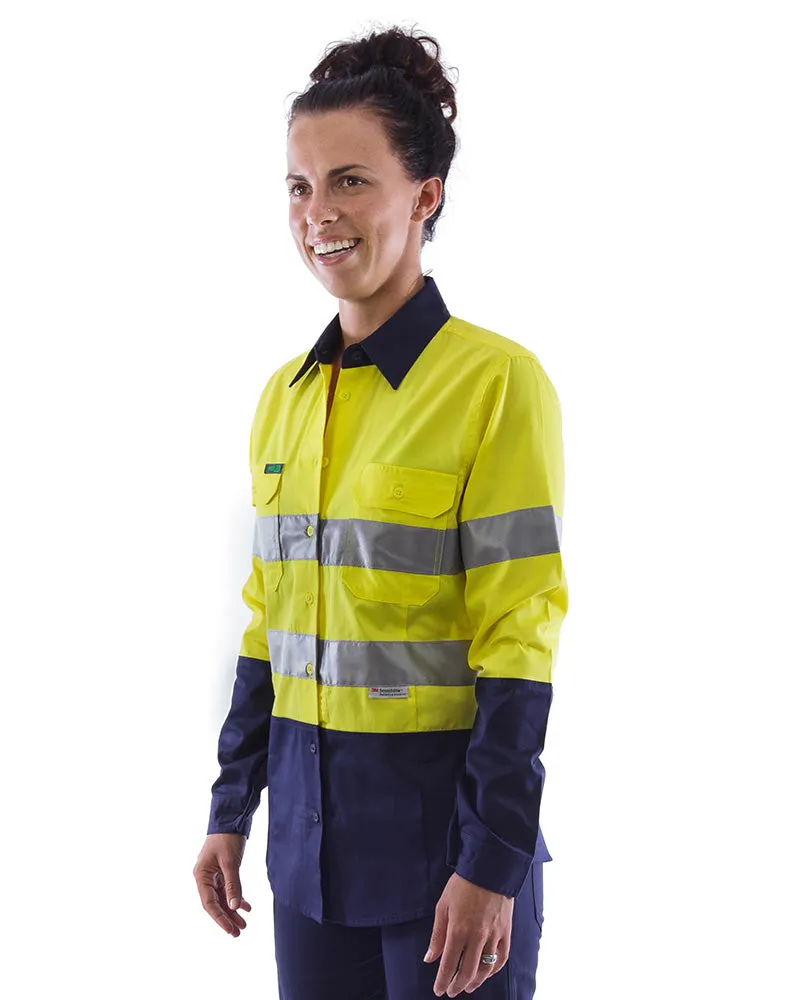 Womens L/S Hi Vis Lightweight Taped Cotton Shirt (3 Pack) - Yellow/Navy