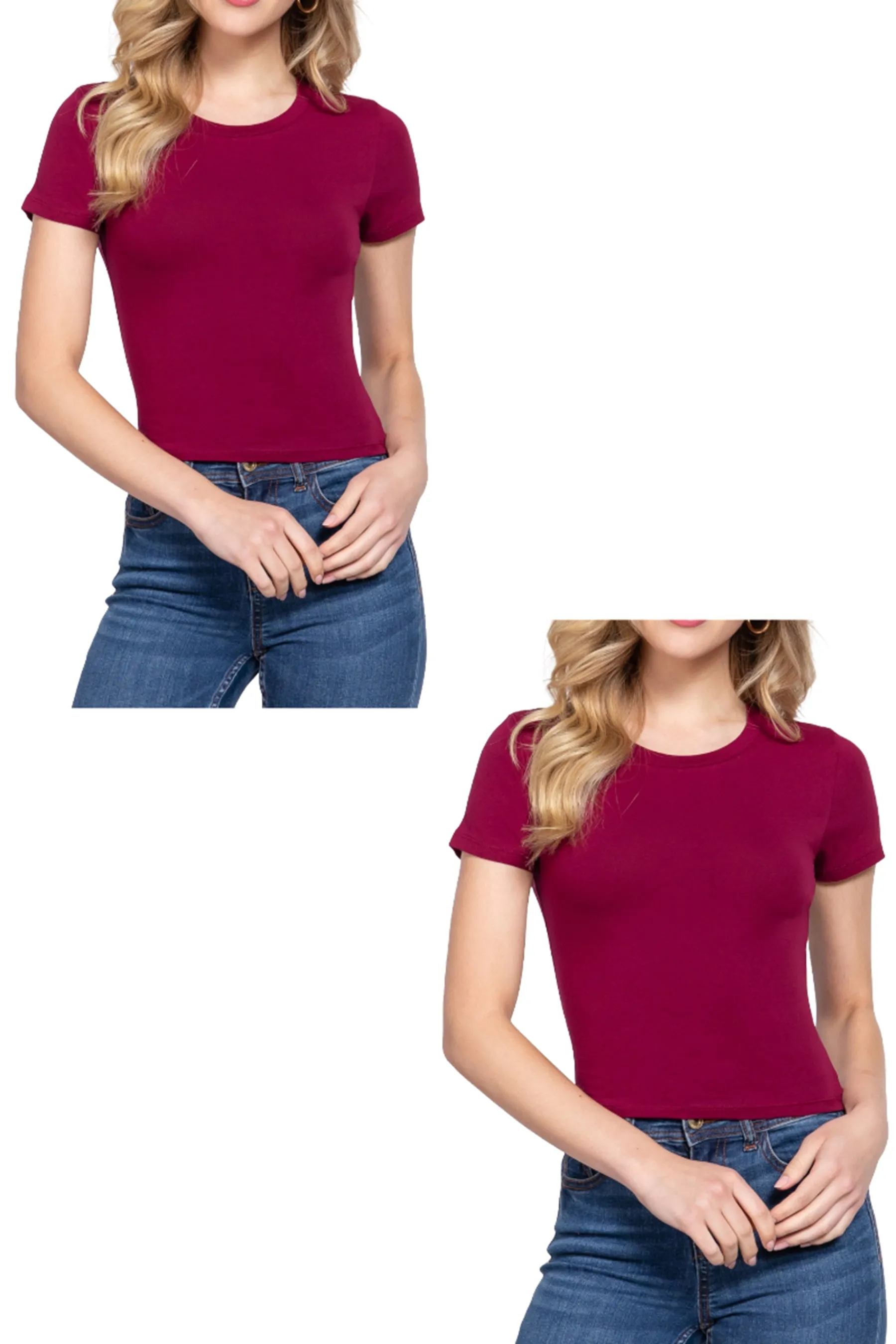 Women's Short Sleeve Crew Neck Crop Top - Soft Cotton Spandex Jersey 2-Pack